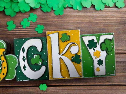 Lucky Word Block Decor, Green & Gold Accent Piece for Home, Boho Lucky Charms, Unique Gift Idea, Positive Energy Decor St. Patrick's Day Shelf Sitter