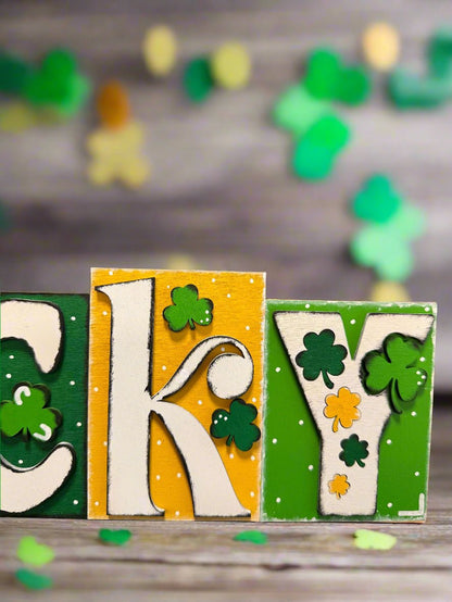 Lucky Word Block Decor, Green & Gold Accent Piece for Home, Boho Lucky Charms, Unique Gift Idea, Positive Energy Decor St. Patrick's Day Shelf Sitter