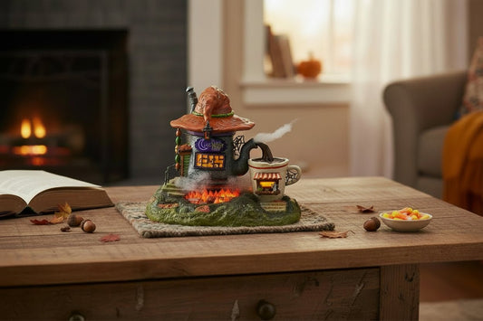 Decorative tea house with fireplace on a wooden table in a cozy living room.