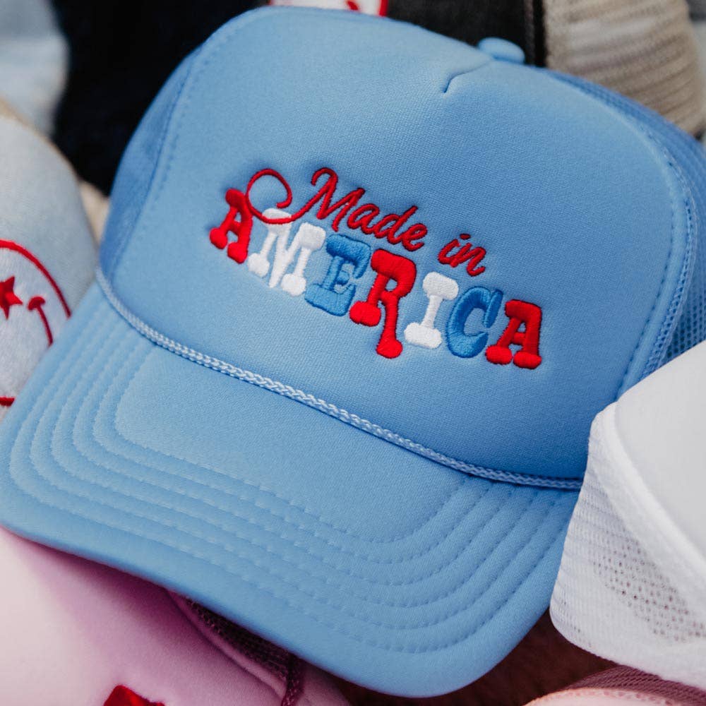 Made in America Foam Trucker Hat, Trendy Patriotic Girl Headwear, Outdoor Hat, Cute Gift Ide - Nifty Decor & More