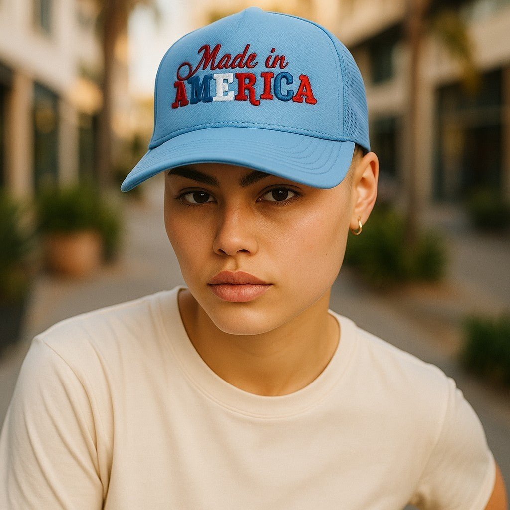Made in America Foam Trucker Hat, Trendy Patriotic Girl Headwear, Outdoor Hat, Cute Gift Ide - Nifty Decor & More