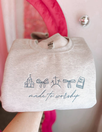 Made To Worship Embroidered Crewneck | Church Sweatshirt - Nifty Decor & More