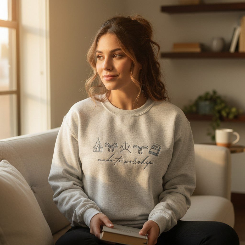Made To Worship Embroidered Crewneck | Church Sweatshirt - Nifty Decor & More