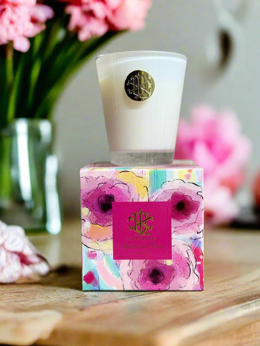 Magnolia and Jasmine 8 oz Designer Box Candle, Luxurious Floral Scent for Home Ambiance, Perfect Gift for Her Candle Holder