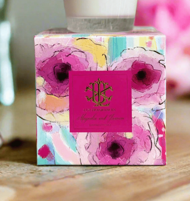 Magnolia and Jasmine 8 oz Designer Box Candle, Luxurious Floral Scent for Home Ambiance, Perfect Gift for Her Candle Holder
