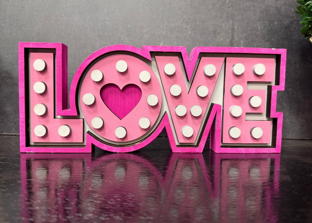 Marquee LOVE Wooden Sign, Lighted Valentine Decor, Pink Heart Love Sign, Tiered Tray Shelf Sitter - Nifty Decor & More