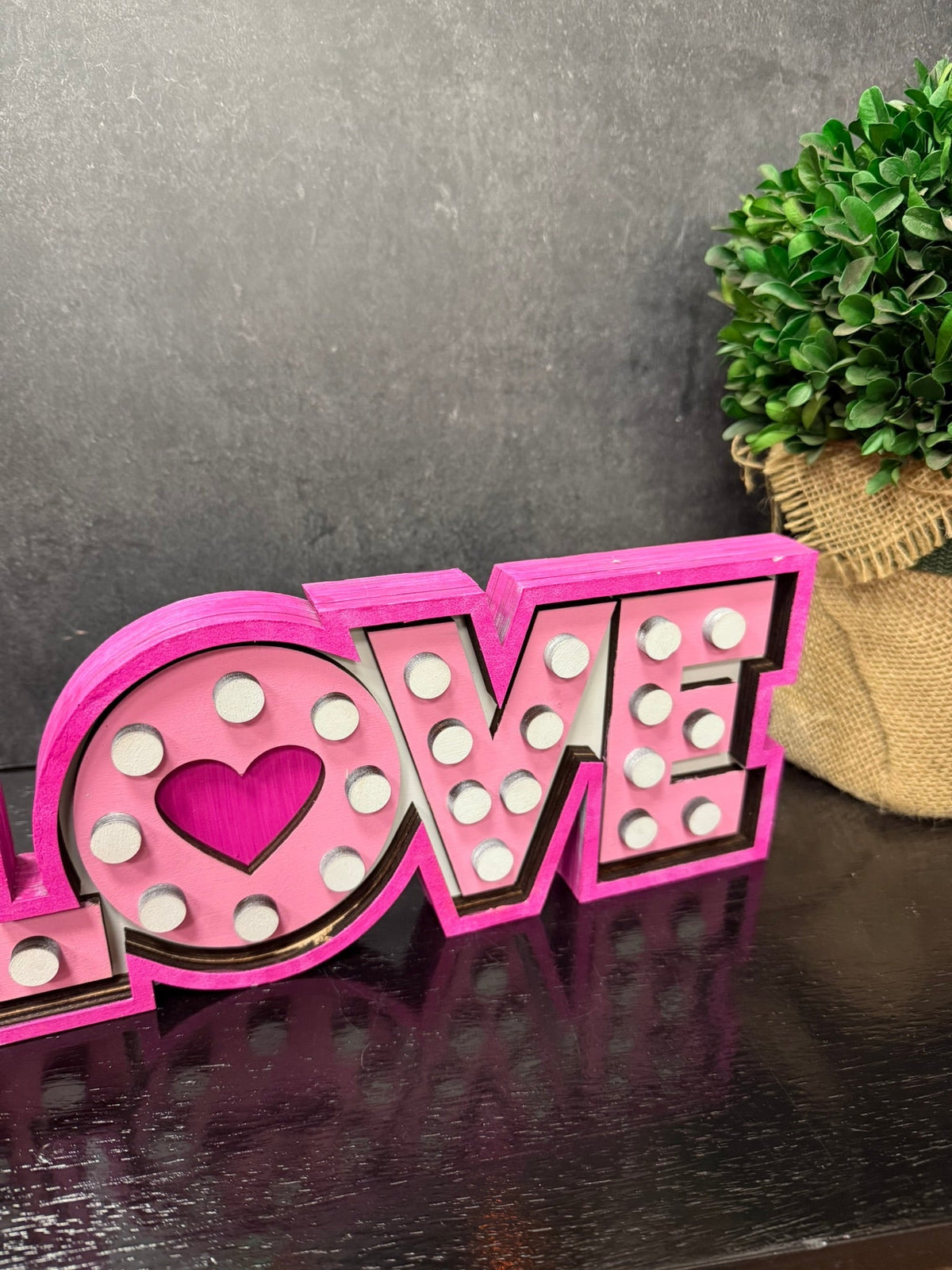 Marquee LOVE Wooden Sign, Lighted Valentine Decor, Pink Heart Love Sign, Tiered Tray Shelf Sitter - Nifty Decor & More