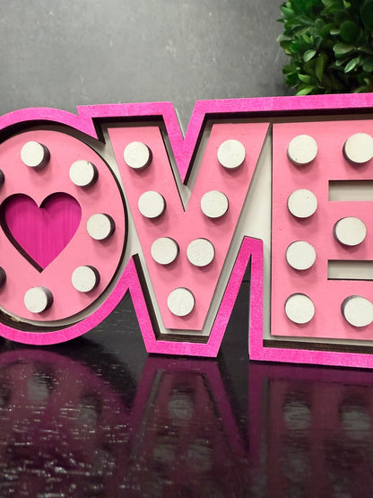 Marquee LOVE Wooden Sign, Lighted Valentine Decor, Pink Heart Love Sign, Tiered Tray Shelf Sitter - Nifty Decor & More