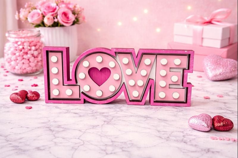Marquee LOVE Wooden Sign, Lighted Valentine Decor, Pink Heart Love Sign, Tiered Tray Shelf Sitter - Nifty Decor & More