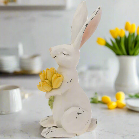 Noms Bunny With Yellow Tulips Resin Figurine | Cute Spring Decor & Gift for Rabbit Lovers | Collectible