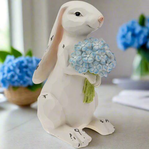 Nibbles Bunny with Blue Hydrangea | Cute Bunny Decor, Spring & Easter Home Accent, Adorable Rabbit Figurine, Gift for Animal Lovers table decor