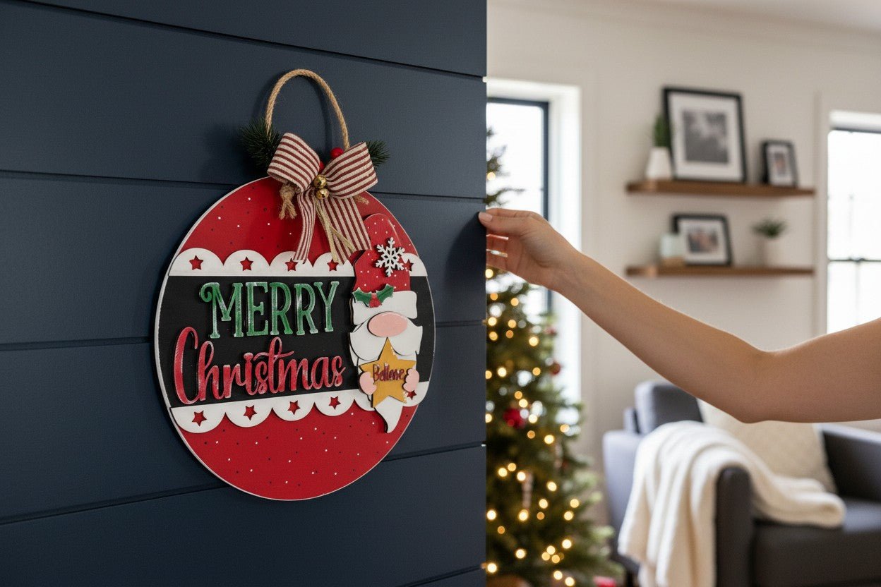 Merry Christmas Gnome Sign Holiday Door Hanger Buffalo Plaid Christmas Decor - Nifty Decor & More