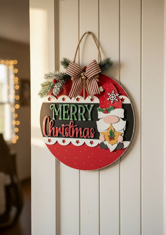 Merry Christmas Gnome Sign Holiday Door Hanger Buffalo Plaid Christmas Decor - Nifty Decor & More