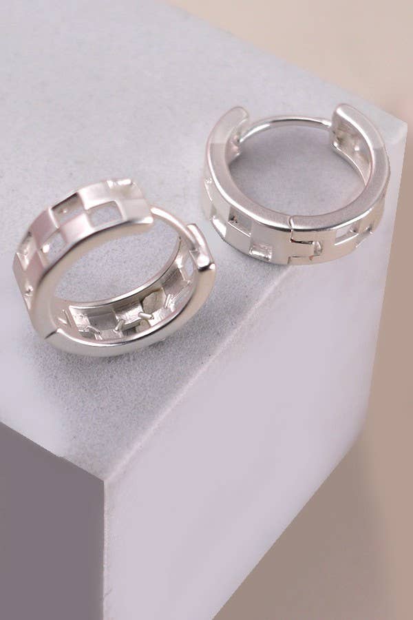 Mini Checker Cutout Hoop Huggie Earrings, Sleek Fashion-Forward Design, Ideal for Casual or Party Looks, Stylish Gift Idea Hoop Earrings MATTE SILVER