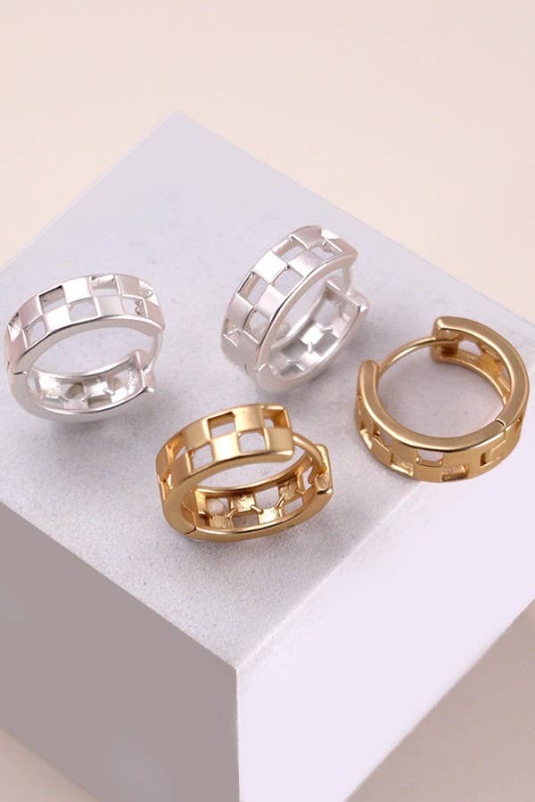 Mini Checker Cutout Hoop Huggie Earrings, Sleek Fashion - Forward Design, Ideal for Casual or Party Looks, Stylish Gift Idea - Nifty Decor & More