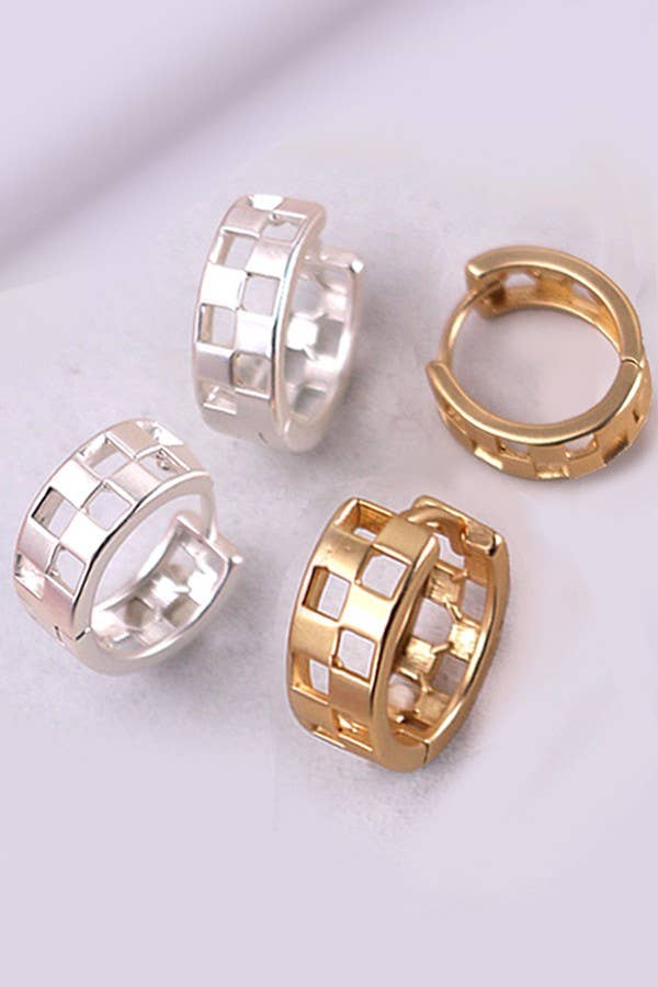 Mini Checker Cutout Hoop Huggie Earrings, Sleek Fashion-Forward Design, Ideal for Casual or Party Looks, Stylish Gift Idea Hoop Earrings
