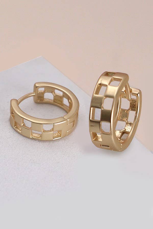Mini Checker Cutout Hoop Huggie Earrings, Sleek Fashion-Forward Design, Ideal for Casual or Party Looks, Stylish Gift Idea Hoop Earrings MATTE GOLD