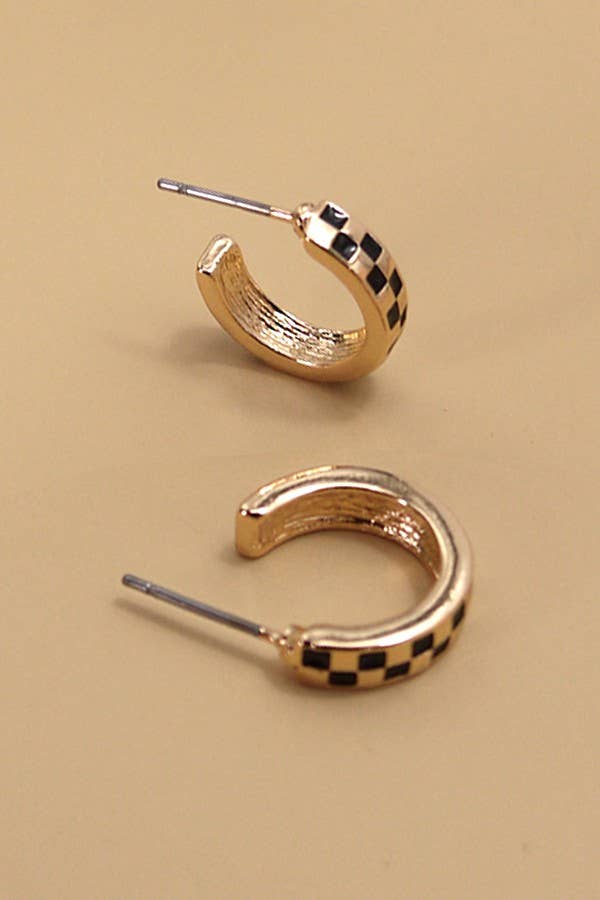 Mini Checker Hoop Huggie Earrings, Bold Checkerboard Design, Casual Statement Jewelry, Great Gift for Birthday or Holiday Hoop Earrings gold/black