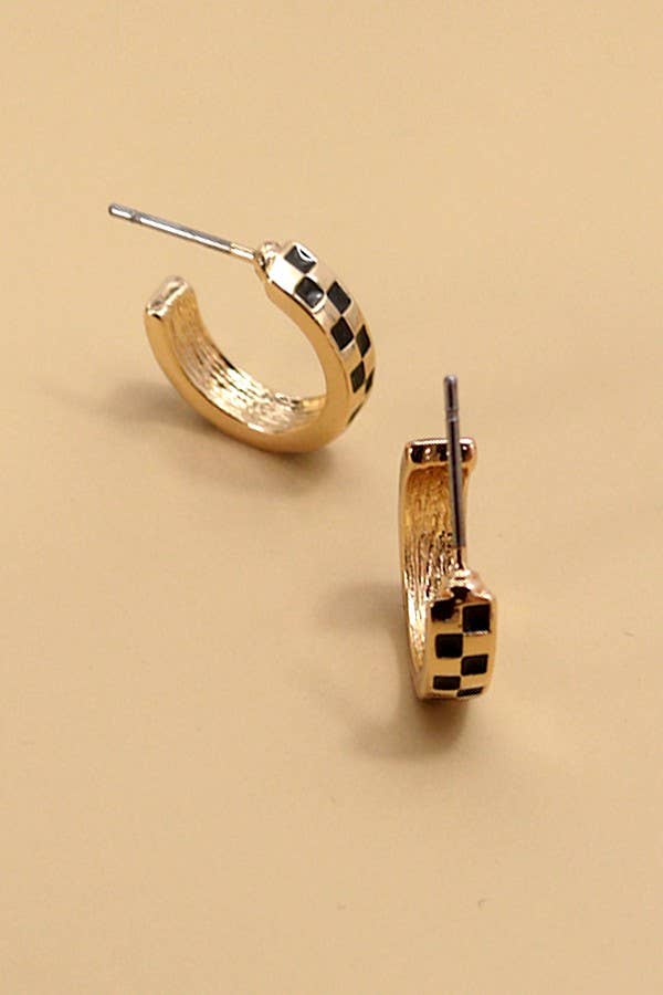 Mini Checker Hoop Huggie Earrings, Bold Checkerboard Design, Casual Statement Jewelry, Great Gift for Birthday or Holiday Hoop Earrings