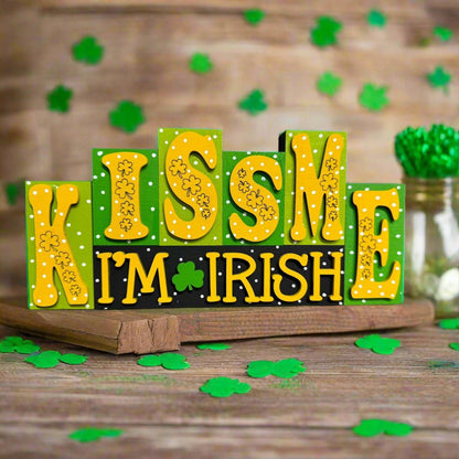 Mini St. Patrick's Day Word Blocks | Lucky Green Decor for Home & Party | Festive Shamrock Decor St. Patrick's Day Shelf Sitter Kiss Me