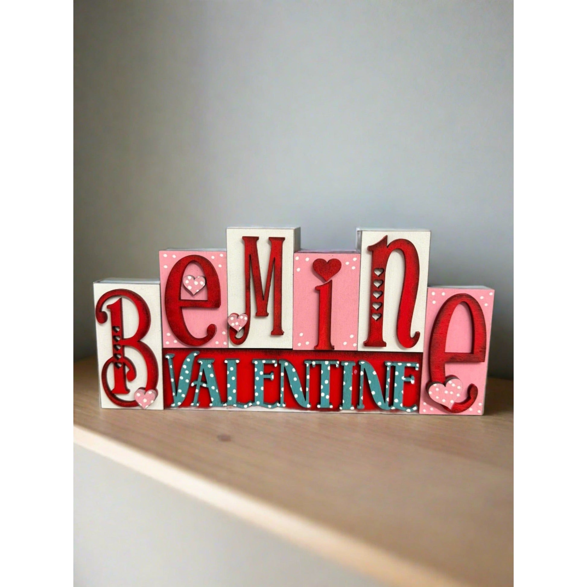 Mini Valentine Word Blocks, Be Mine, XO XO, Love February 14, Valentine Shelf Sitters, Tiered Tray Decor Valentine Shelf Sitter Be Mine - Pink