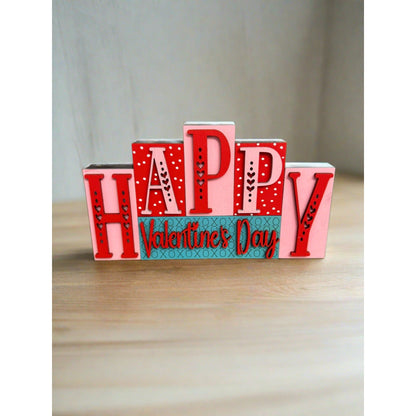 Mini Valentine Word Blocks, Be Mine, XO XO, Love February 14, Valentine Shelf Sitters, Tiered Tray Decor Valentine Shelf Sitter Happy - Pink