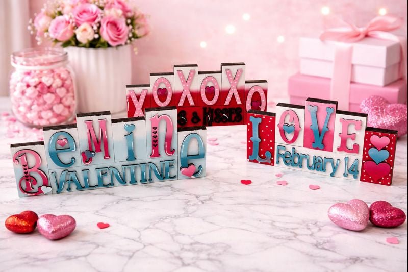 Mini Valentine Word Blocks, Be Mine, XO XO, Love February 14, Valentine Shelf Sitters, Tiered Tray Decor Valentine Shelf Sitter