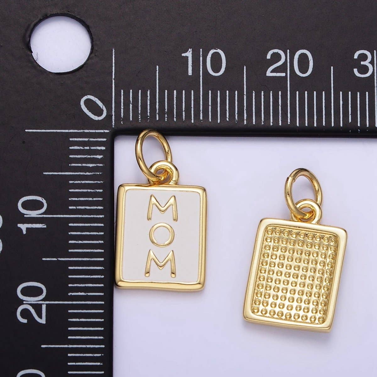 "MOM" White Enamel Tag Charm 24K Gold Filled - Nifty Decor & More