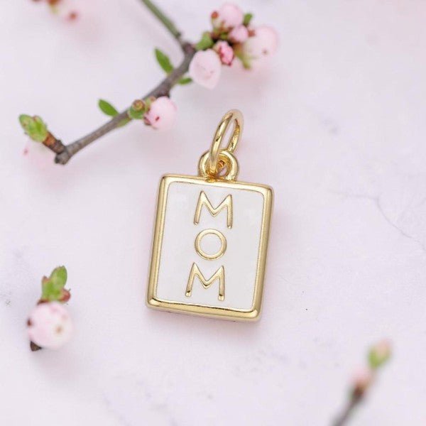 "MOM" White Enamel Tag Charm 24K Gold Filled - Nifty Decor & More