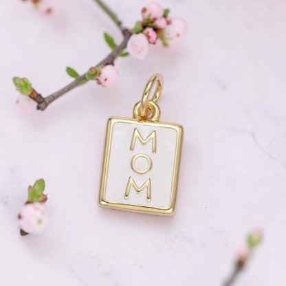 "MOM" White Enamel Tag Charm 24K Gold Filled - Nifty Decor & More