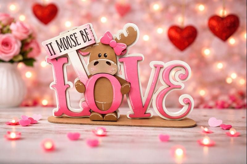 Moose LOVE Shelf Sitter • Pink Farmhouse Tabletop Sign Valentine’s Day Decor