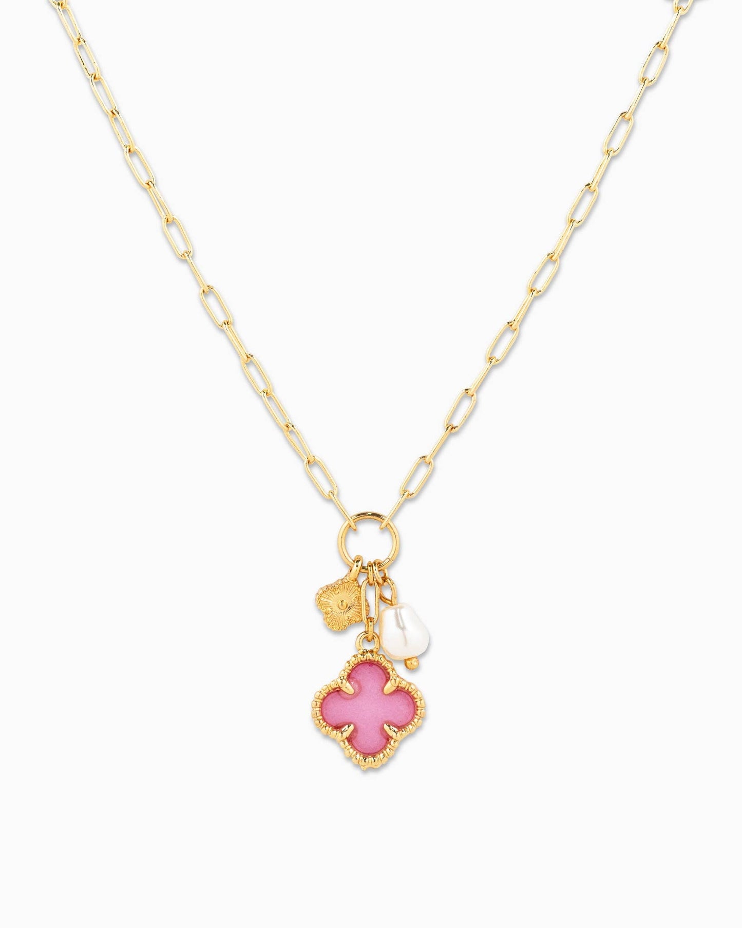 MOP Clover Triple Charm Necklace Light Pink