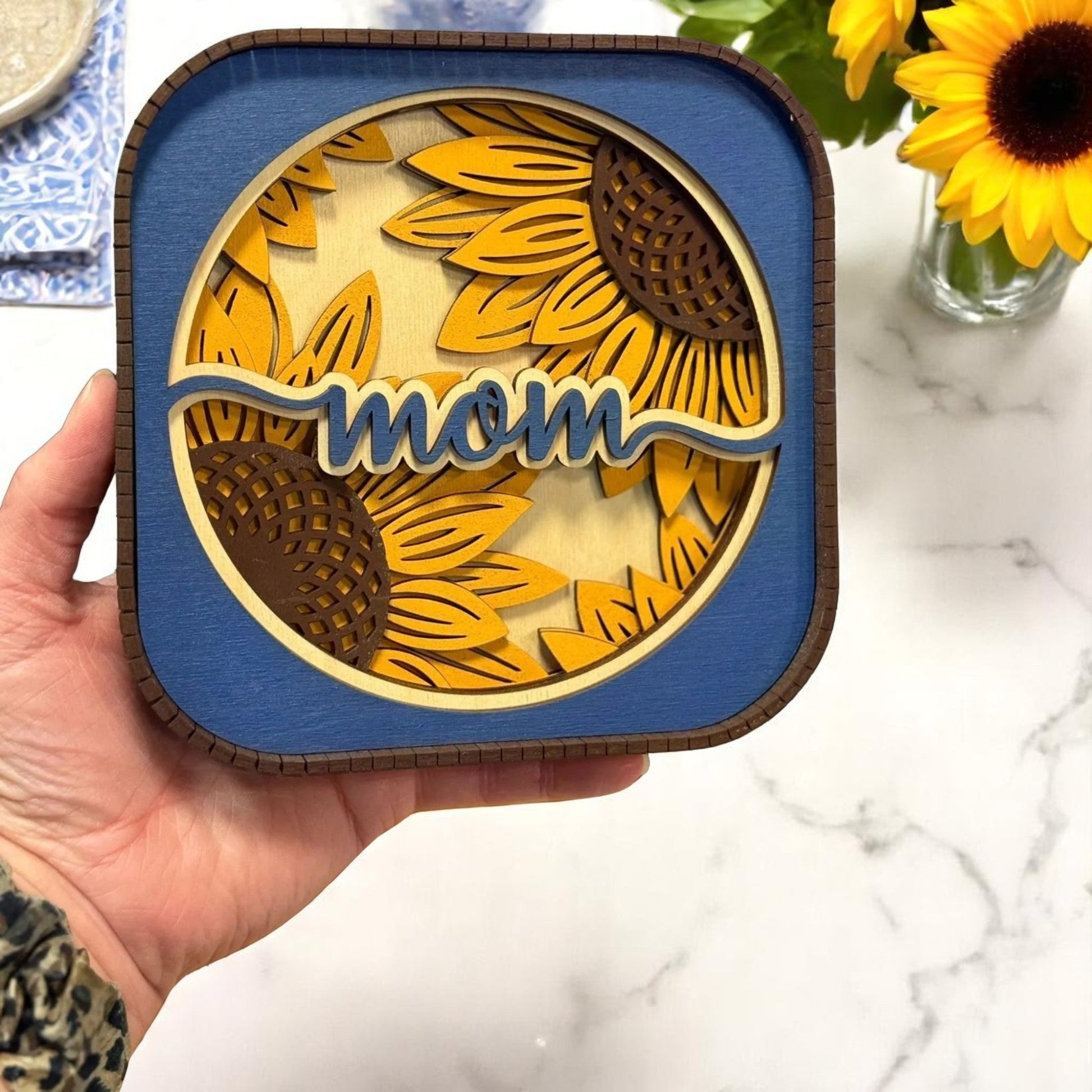 Mother’s Day Sunflower Sitter, Blue & Yellow Decorative Sitter, Perfect Gift for Mom or Grandma, Unique Keepsake Present - Nifty Decor & More