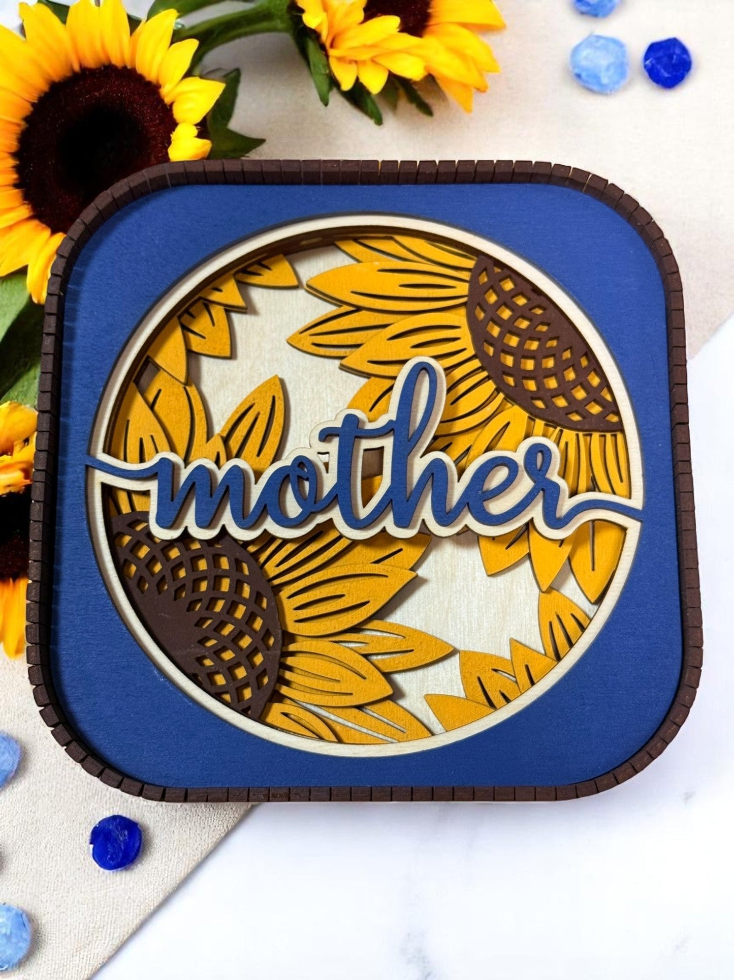 Mother’s Day Sunflower Sitter, Blue & Yellow Decorative Sitter, Perfect Gift for Mom or Grandma, Unique Keepsake Present - Nifty Decor & More