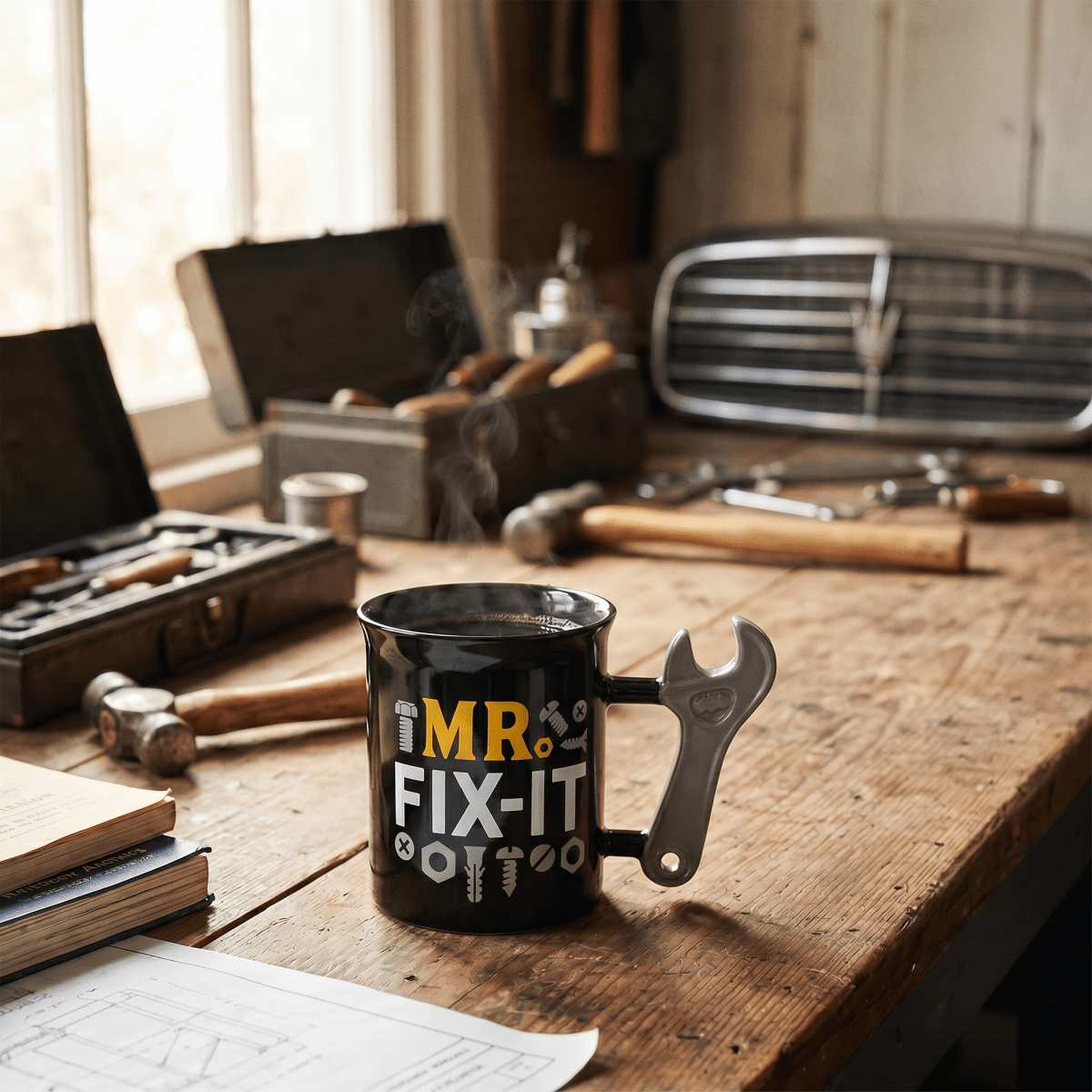 Black mug with 'Mr. Fix-It' design on a wooden workbench with tools and equipment.