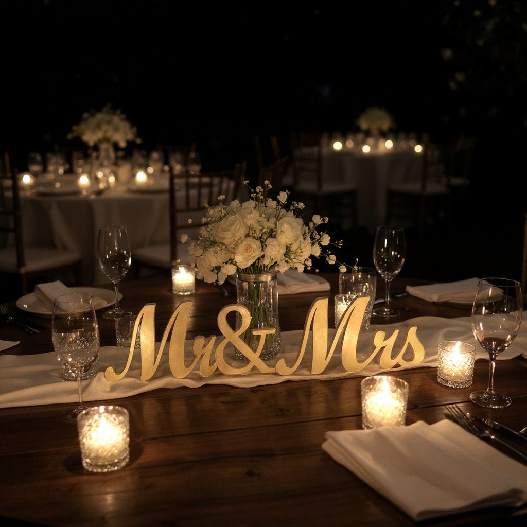 Mr. & Mrs. Wedding Tabletop Decor - Elegant White, Gold & Black Wooden Name Plaque, Perfect for Wedding Reception & Gift for Newlyweds Wedding Gold