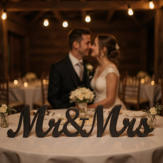 Mr. & Mrs. Wedding Tabletop Decor - Elegant White, Gold & Black Wooden Name Plaque, Perfect for Wedding Reception & Gift for Newlyweds Wedding Black