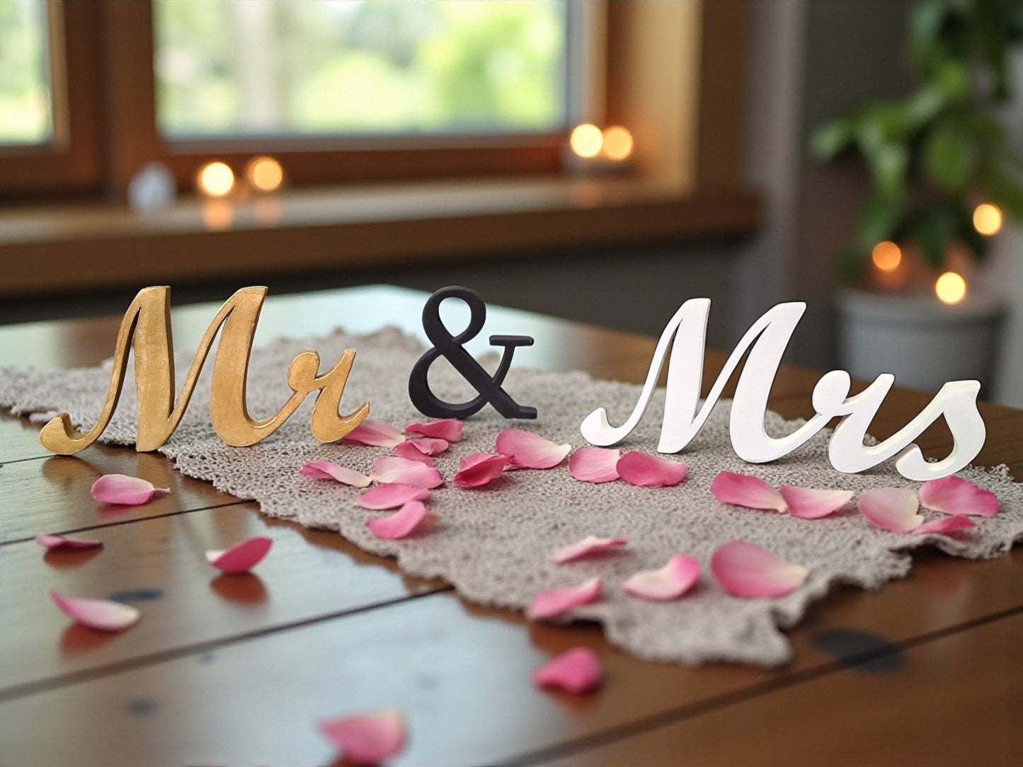 Mr. & Mrs. Wedding Tabletop Decor - Elegant White, Gold & Black Wooden Name Plaque, Perfect for Wedding Reception & Gift for Newlyweds Wedding