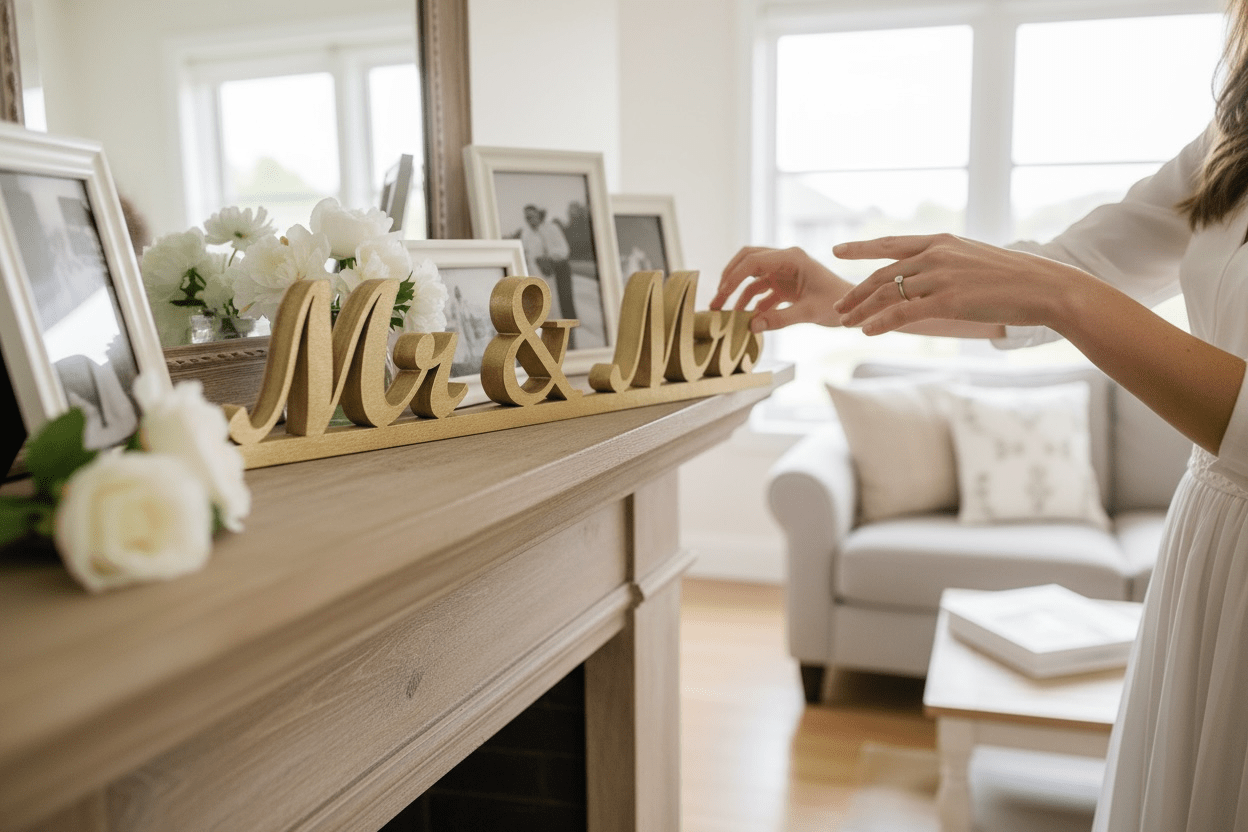 Mr. & Mrs. Wedding Tabletop Decor - Elegant White, Gold & Black Wooden Name Plaque, Perfect for Wedding Reception & Gift for Newlyweds - Nifty Decor & More