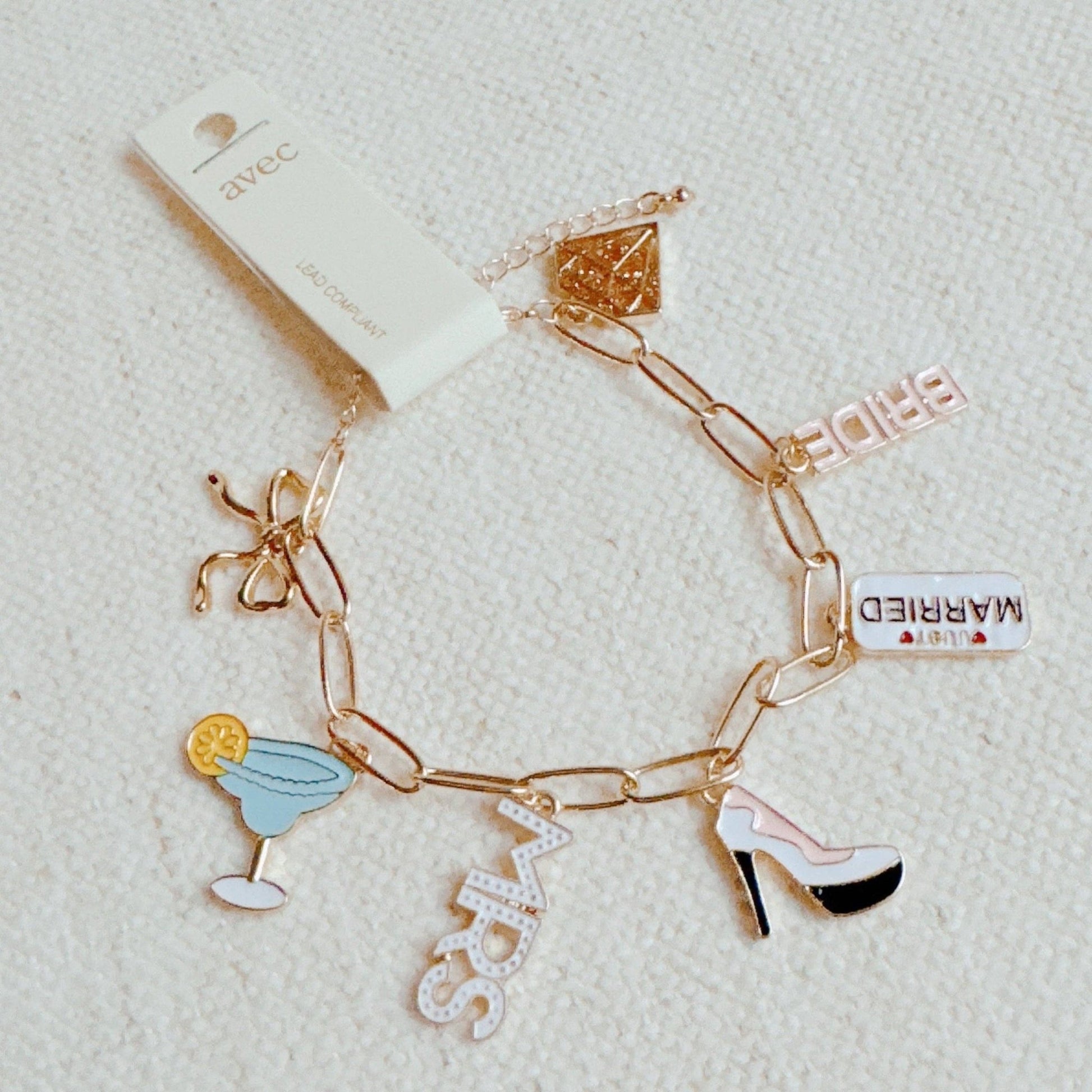 Mrs. Bride Cocktail Bow Charm Bracelet, Chic Preppy Jewelry, Perfect Bridal Accessory, Bachelorette Gift - Nifty Decor & More