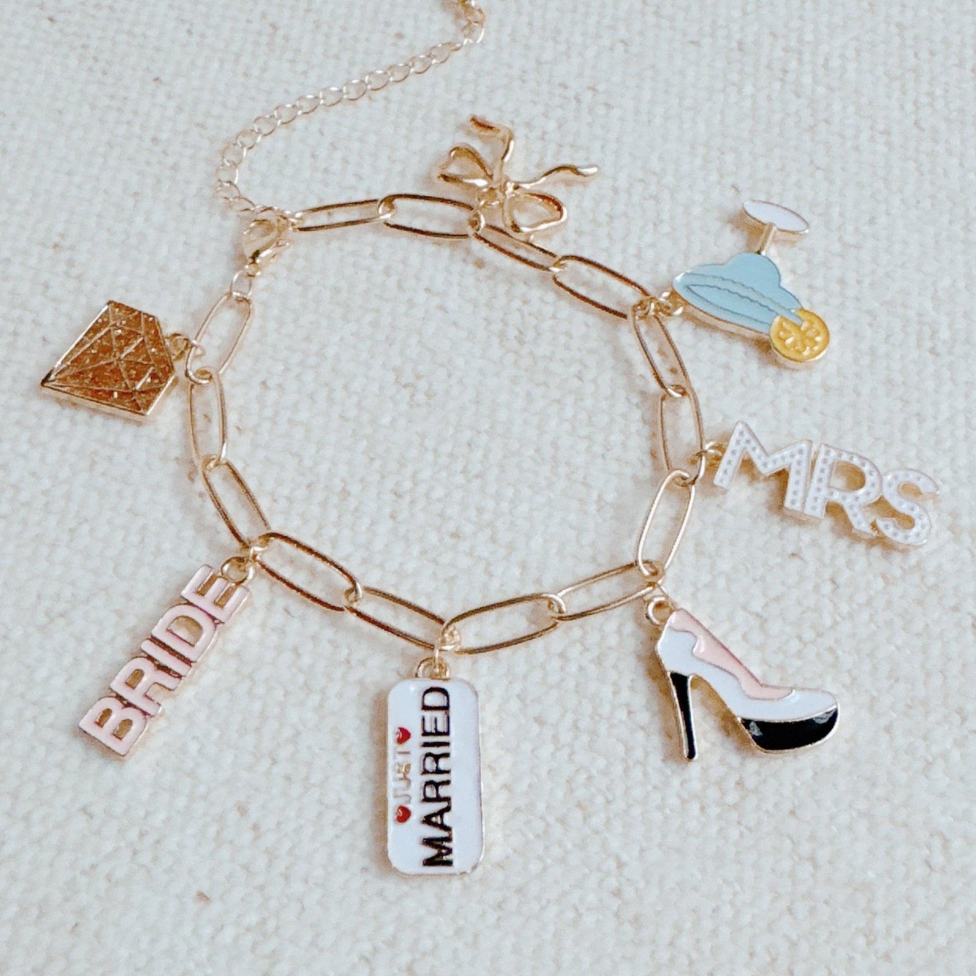 Mrs. Bride Cocktail Bow Charm Bracelet, Chic Preppy Jewelry, Perfect Bridal Accessory, Bachelorette Gift - Nifty Decor & More