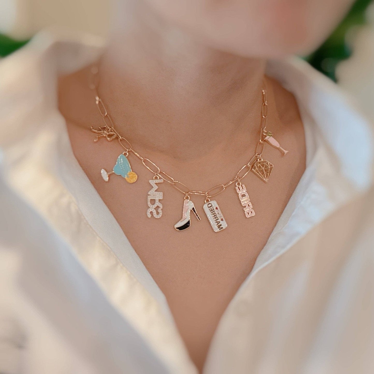 Mrs. Bride Cocktail Bow Charm Necklace, Chic Preppy Style, Perfect Bridal Accessory, Wedding Gift for Bride - to - Be - Nifty Decor & More