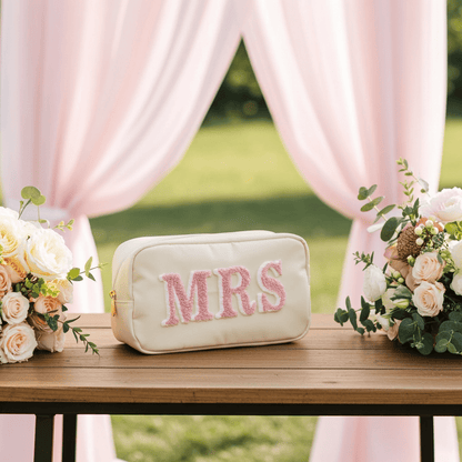 Mrs. Chenille Patch Nylon Travel Pouch | Luxury Bridal Toiletry & Makeup Bag - Nifty Decor & More