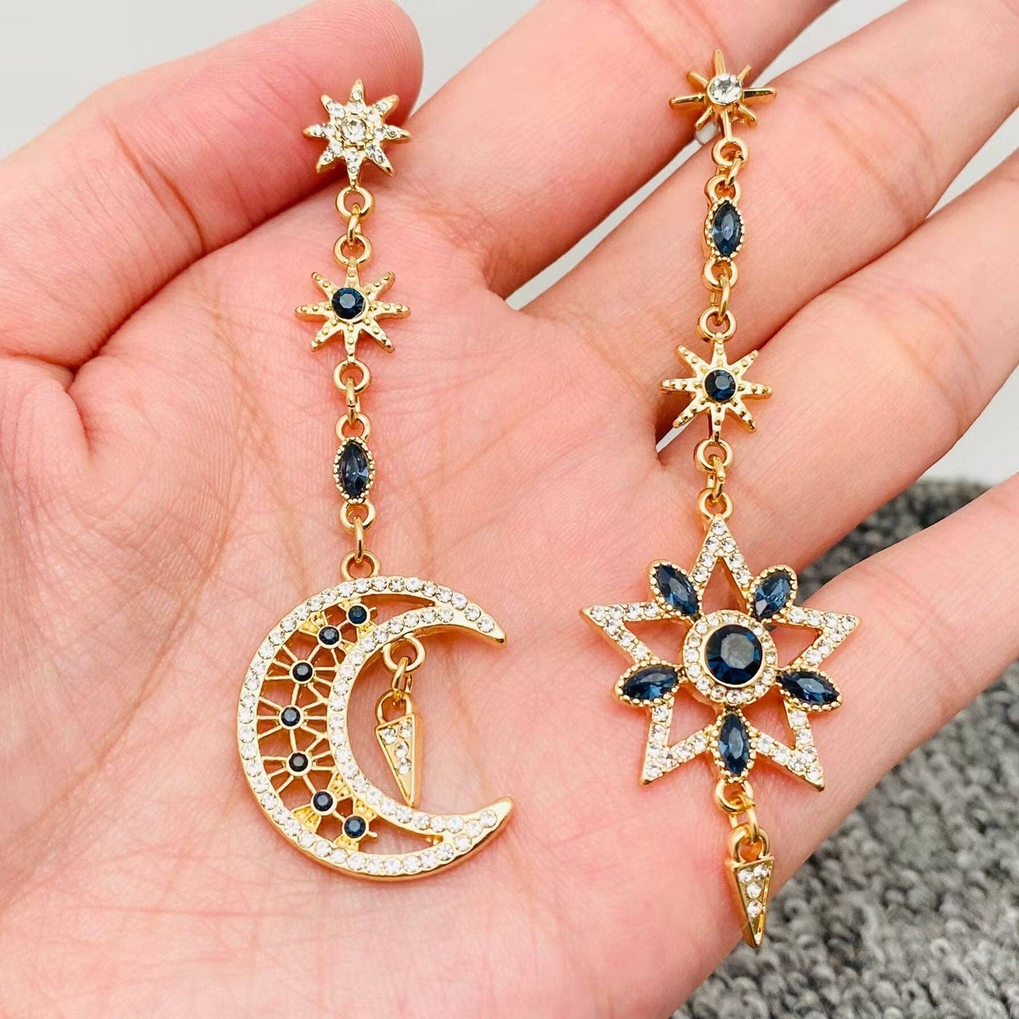 MS - Sparkling Cubic Zirconia Star Moon Asymmetric Earrings - Nifty Decor & More