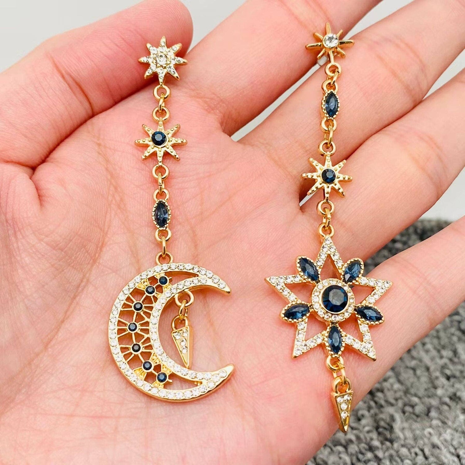 MS - Sparkling Cubic Zirconia Star Moon Asymmetric Earrings - Nifty Decor & More