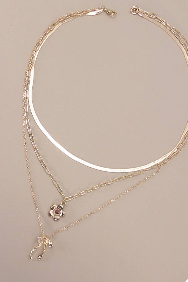 MULTI LAYER FLOWER BOW CHARM NECKLACE | 25N869 GOLD