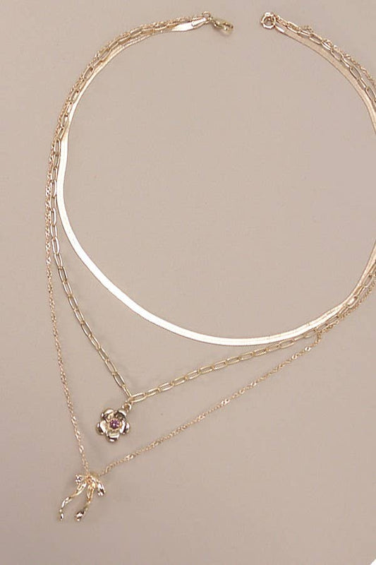 MULTI LAYER FLOWER BOW CHARM NECKLACE | 25N869 GOLD