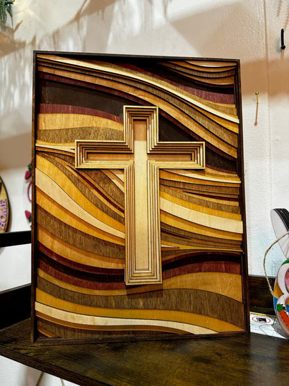 Multi - Layered Wood Cross Art - Hand - Stained Framed Religious Decor - Nifty Decor & More