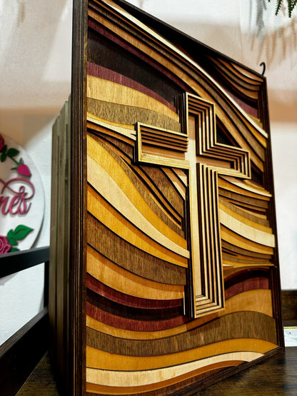 Multi - Layered Wood Cross Art - Hand - Stained Framed Religious Decor - Nifty Decor & More
