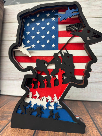 Multilayered Wooden Veteran Art Piece, Intricate 7-Layer Home decor, perfect gift for Veterans Day or Soldier Tribute Veteran Plaque Woman Veteran Bust